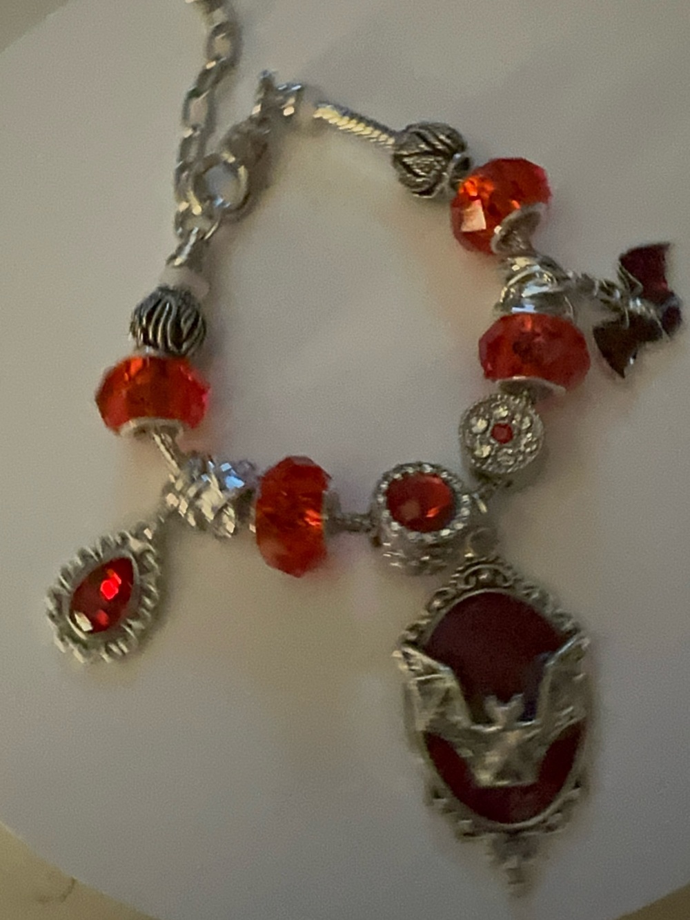 Red Crystal Charm Bracelet with Silver-Tone Accents Brand New Item!